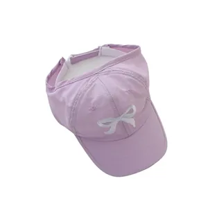 Lavender children's ponytail sun hat with bow embroidery and adjustable strap