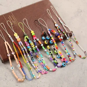 Bohemian Colorful Evil Eye Beaded Phone Lanyard Polymer Clay Smiley Heart Love Letter Phone Chain Strap Women Tech Accessories