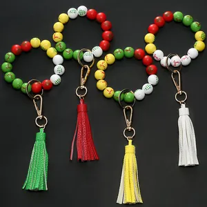 Christmas reindeer and tree wooden bead keychain bracelet with PU leather tassel in 4 colors