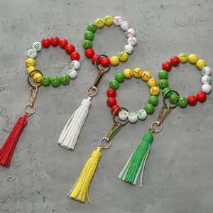 Christmas elk wooden bead keychain wristlet with colorful PU leather tassels and gold clips
