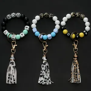 Silicone bead keychain bracelets with leopard prints, LOVE letters and leather tassels