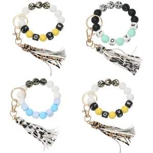 Silicone bead keychain bracelet set with leopard print tassels and LOVE letter beads