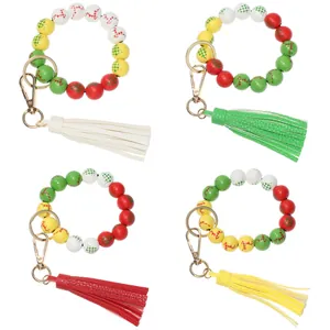 Christmas wristlet keychain set with colorful wooden beads, reindeer patterns and leather tassels