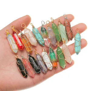Lot de Pendentifs Colonne Hexagonale en Pierre Naturelle pour Création de Bijoux DIY Fil Enveloppé Or Argent Cristal Quartz Pierres de Guérison