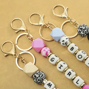 Silicone and wood bead keychain with Mom leopard print and letter beads for Mothers Day