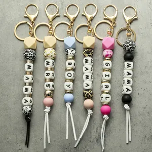 Silicone beaded keychains with MAMA letter beads, leopard print and leather tassels