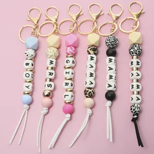 Silicone Bead Keychain With Tassel MAMA Letter Beads Leopard Print Key Ring For Mother's Day Gift Women Bag Accessory