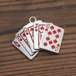 Hip hop royal flush poker cards pendant in silver finish with red enamel detailing