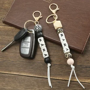Silicone bead MAMA keychain with leopard print and tassel for women handbag charms