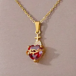 Vintage Gold Plated Stainless Steel Heart Necklace Red Zirconia Pendant With Cross Thorns Religious Jewelry For Women