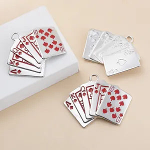Hip hop royal flush poker cards pendant necklace in silver and red enamel finish