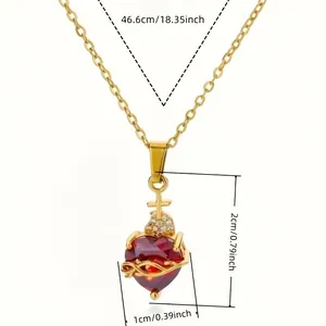 Gold stainless steel heart necklace with red gem and cross pendant size dimensions