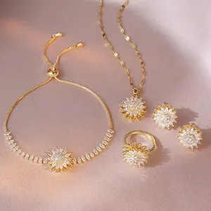 Parure bijoux tournesol dorée rotative avec strass brillants collier et bracelet