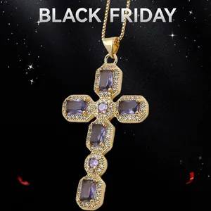 Fashion Gold Plated Copper Zirconia Cross Pendant Necklace Elegant Micro Inlaid Colorful Square Zircon Box Chain Religious Jewelry For Women