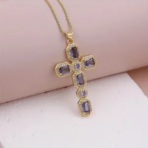 Gold-plated cross necklace with purple gemstones and micro-pave zircons on stone decor
