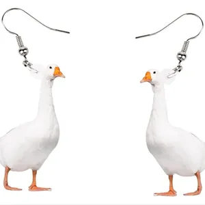 Creative white goose acrylic drop earrings with orange beak and silver hooks for women