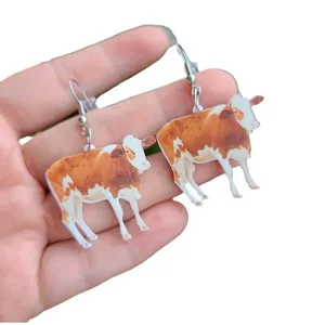 Creative cow acrylic drop earrings with realistic pattern for daily fashion wear