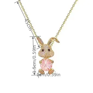 14K gold plated rabbit necklace with pink zircon and white stones, 45cm chain length