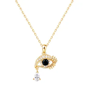 Collier œil protecteur plaqué or avec zircons blancs et pendentif en forme de goutte