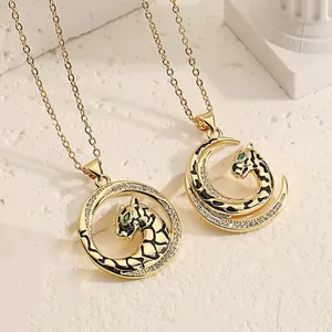 Vintage Leopard Panther Pendant Necklace Green Eyes Zirconia Moon Round Copper Gold Plated Luxury Fashion Jewelry For Women