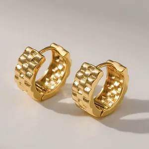 Gold Plated Copper Huggie Hoop Earrings Embossed Checkered Pattern Geometric Vintage Industrial Style Jewelry