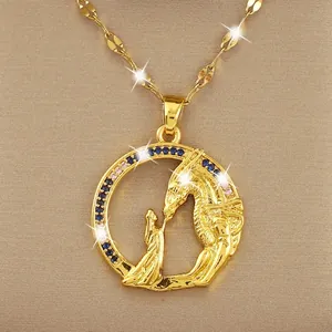 Collana con Pendente Silhouette Drago e Principessa in Rame con Zirconia Intarsiata Tondo Rilievo Girocollo da Donna Gioielli di Lusso
