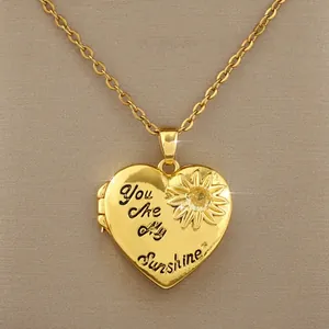 Verguld Koperen Zonnebloem Hart Medaillon Ketting Voor Vrouwen Zirkonia You Are My Sunshine Gegraveerde Foto Hanger Sieraden