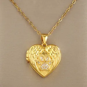 Gold Plated Copper Heart Locket Necklace With Angel Wings And Zirconia Paw Print Pendant For Women Jewelry Gift