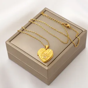 Golden heart locket necklace with angel wings and zircon pet paw print pendant