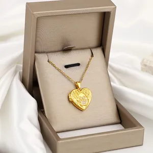 Gold heart angel wing locket necklace with zircon pet paw in a premium gift box