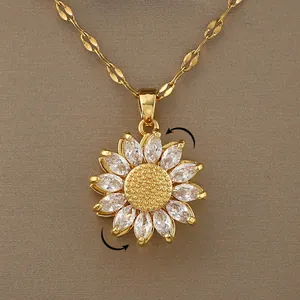 Collana con Pendente a Girasole Rotante per Donna in Rame Placcato Oro con Zirconi Cubici Elegante Fiore Rotante Gioielli alla Moda