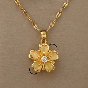 Drehbare Fünfblättrige Blume Anhänger Halskette Für Damen Kupfer Vergoldet Zirkonia Künstlicher Opal Eleganter Mode Schmuck
