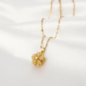 Halskette mit rotierender Katzenaugen-Blume aus vergoldetem Kupfer mit Zirkonia-Inlay