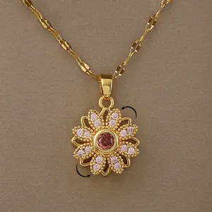 Roterende Zonnebloem Hanger Ketting Dames Koper Micro-Ingelegde Roze Zirkonia Vergulde Sieraden Voor Stressverlichting