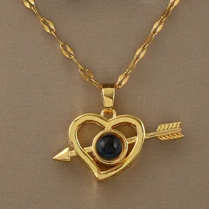 Cupid Arrow Through Heart Pendant Necklace Gold Plated Copper Zirconia One Hundred Languages Projection Stone Jewelry Gift