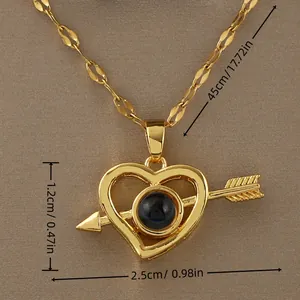 Arrow through heart pendant size details with 45cm gold chain and projection stone