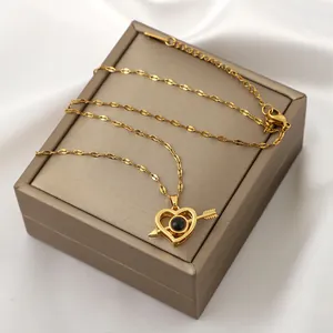 Golden heart arrow necklace with zircon inlay and 100 languages projection stone