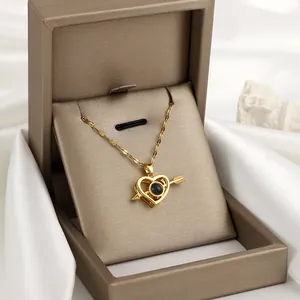 Golden heart arrow necklace with projection stone in premium gift box packaging