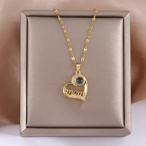 Collana Con Ciondolo MOM a Cuore in Rame Oro Con Pietra di Proiezione in 100 Lingue Zirconia Regalo Gioielli Festa della Mamma Donna