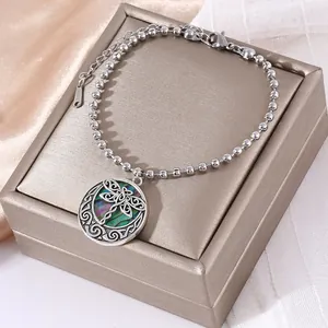 Elegant stainless steel ball chain bracelet with dragonfly pendant and shell inlay