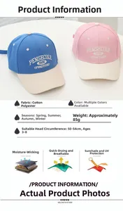 Detail view of cotton polyester kids baseball caps with 1995 embroidery and size specifications