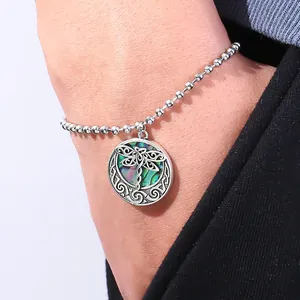 Vintage Stainless Steel Dragonfly Abalone Shell Charm Bracelet For Women Boho Round Bead Chain Iridescent Hand Jewelry Gift