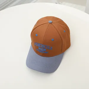 Detailed close-up of blue embroidery on a contrast color brown and grey canvas baseball cap