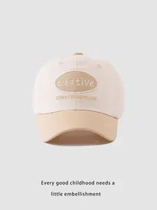 Close-up of creative embroidery and fine cotton twill texture on a kids' baseball cap