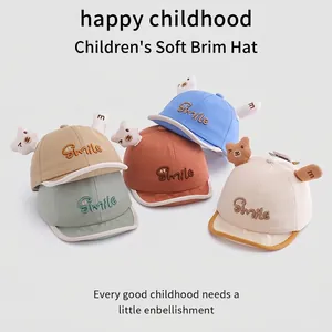 Children's soft brim hat with cartoon bear ears and smile embroidery in five soft colors