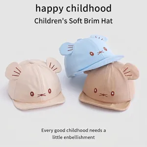 Cute baby baseball hat with 3D cat ears and soft brim in beige, blue, and brown