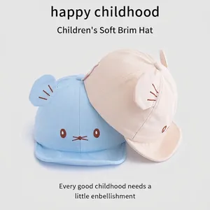 Cute baby baseball caps with soft brims and cartoon cat ears in blue and beige
