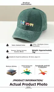 Detailed view of green washed cotton kids baseball cap with small train embroidery