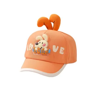 Cute orange baby baseball cap with plush bunny ears and love cartoon pattern