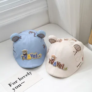 Cute baby bear berets in light blue and cream with Travel Car patch and ear details